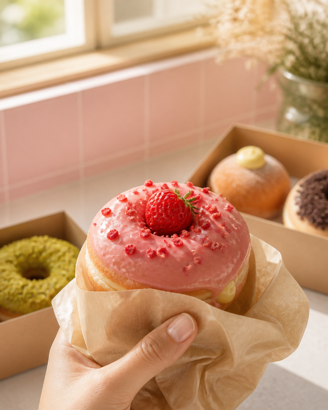 Hand holding a Pink Berry donut