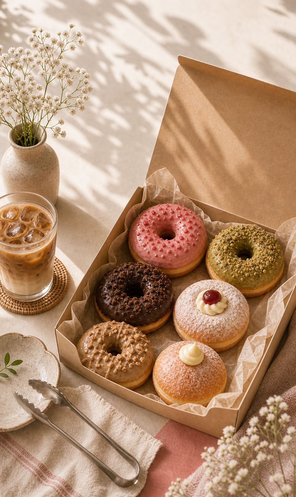 Six donuts in open box